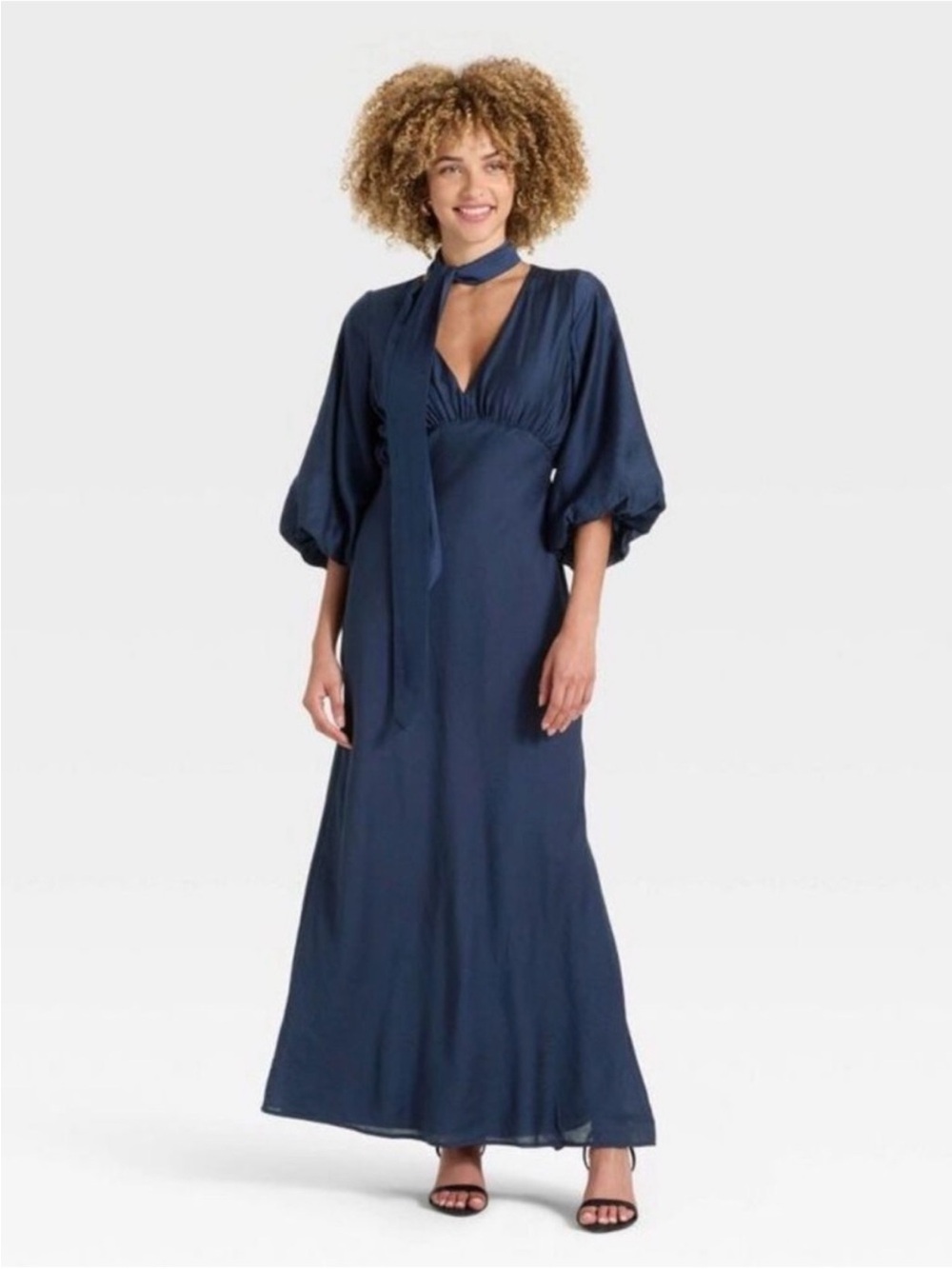 NWT Navy Blue Empire Waist Maxi Dress with Tie Neck and Bubble Sleeve